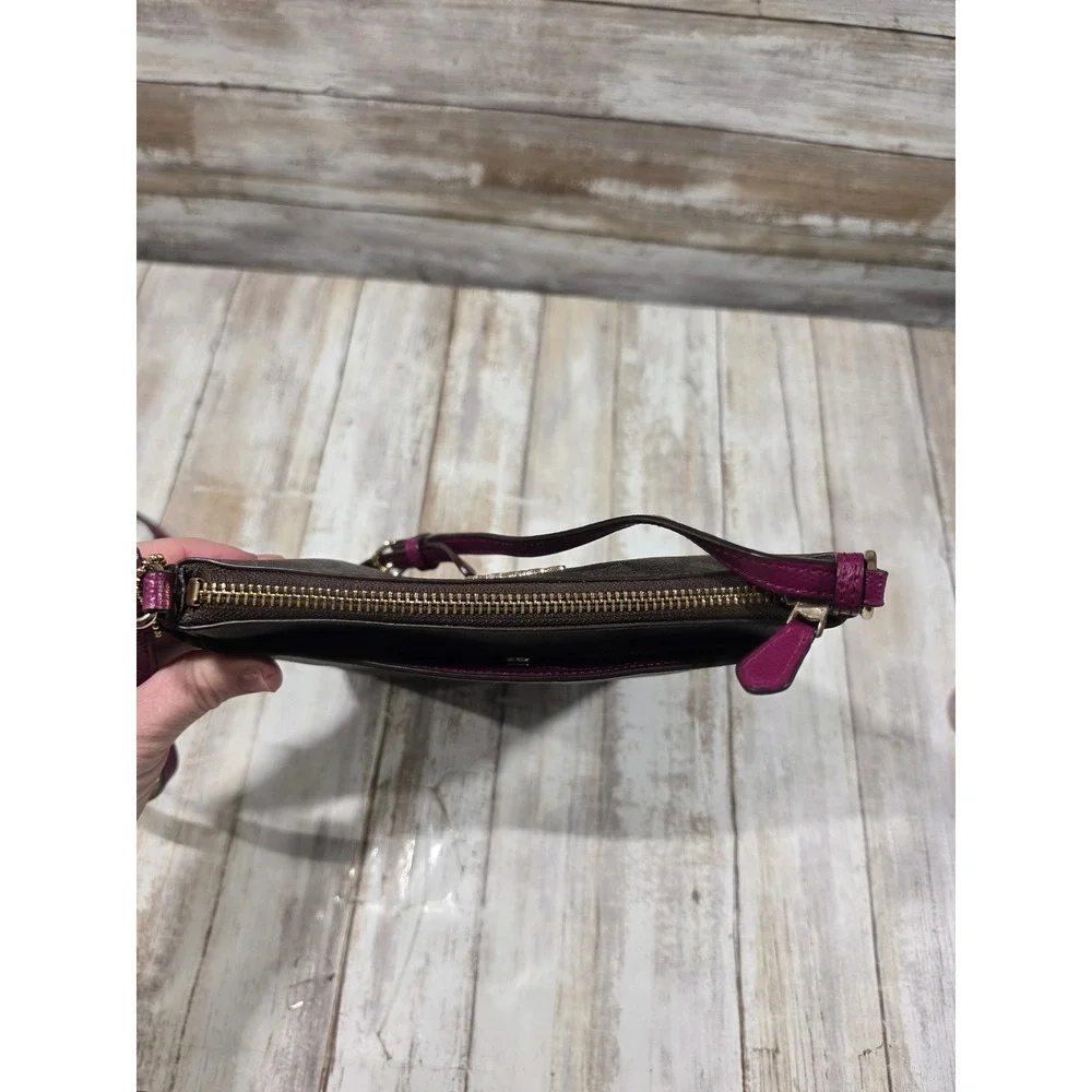 Coach North South Crossbody Bag Signature Canvas‎ Brown Magenta  File Purse